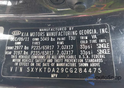 2012 Kia Sorento Lx V6 from USA, damaged, VIN 5XYKTDA29CG284475